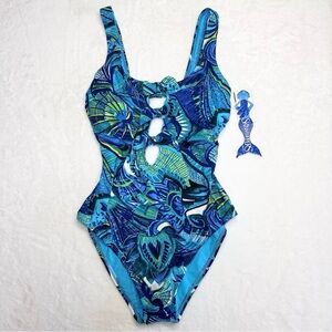 Skinny Dippers Alysa One-Piece Swimsuit Size Medium Blue Multi Soft Cups NWT